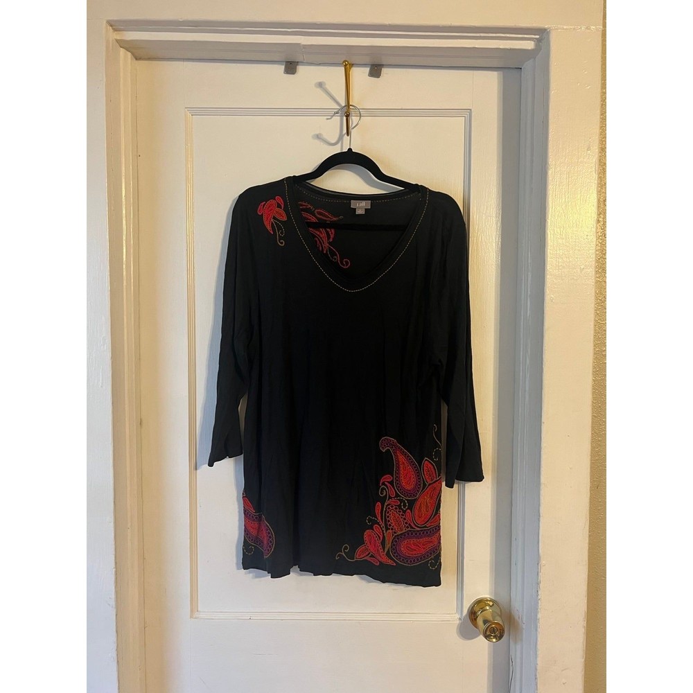 J Jill Black 3/4 sleeve Paisley embroidered Tunic Top Size M